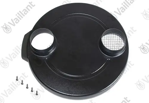 Schwarzer Deckel mit zwei Öffnungen und einem Gitterelement, geeignet für Vaillant Produkte. Enthalten sind mehrere Schrauben zur Befestigung.